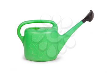 Green old plastic watering can isolated on white