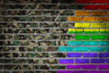 Dark brick wall texture - coutry flag and rainbow flag painted on wall - Army camouflage