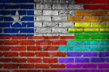 Dark brick wall texture - coutry flag and rainbow flag painted on wall - Chile