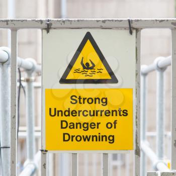 Water hazard signs, strong undercurrents, danger of drowning