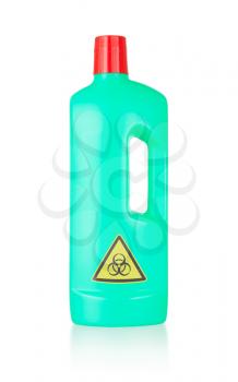 Plastic bottle cleaning-detergent, biohazard, isolated on white