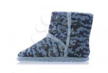 Warm slipper with camouflage print, isolated on white