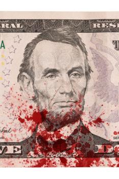 US five Dollar bill, close up photo, blood