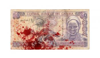 50 Gambian dalasi bank note, isolated on white, bloody