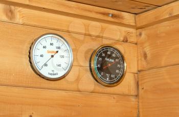 Interior of small home Finnish wooden sauna