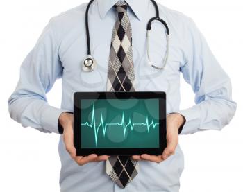 Doctor, isolated on white backgroun,  holding digital tablet - Heartbeat graph