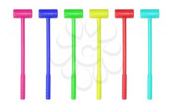 Collection of large toy hammers isolated on white background