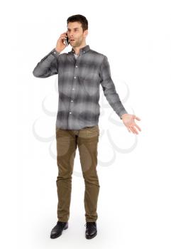 Caucasian man on the phone - confusing phone call, isolated on white