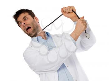 Humorous portrait of a young depressed suicidal surgeon with a stethoscope on his neck, isolated on white