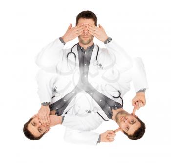Doctor isolated on white - Sees, hears and speaks no evil - Concept for not rocking the boat in medical circles