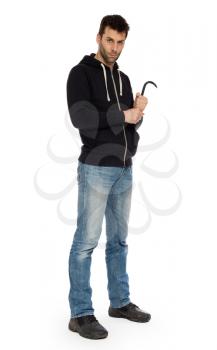 Crime concept. Criminal in hood with crowbar in hand, isolated on white