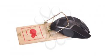 Modern computer mouse in a mousetrap against white background