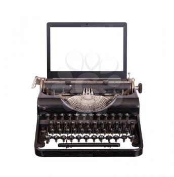 Typewriter with modern laptop screen, isolated on white