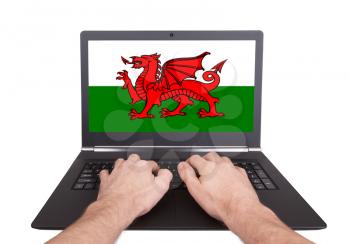 Hands working on laptop showing on the screen the flag of Wales