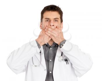Doctor isolated on white - Speaks no evil - Concept for not rocking the boat in medical circles