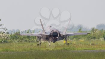 LEEUWARDEN, THE NETHERLANDS -MAY 26: F-35 fighter during it's first test in Europe on May 26, 2016 in Leeuwarden. It is the world's most advanced multi-role fighter.