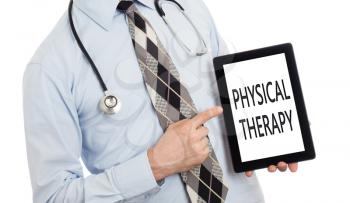 Doctor, isolated on white backgroun,  holding digital tablet - Physical therapy