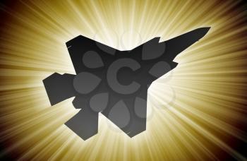 Jet plane silhouette, modern fighter in the sky (starburst)
