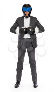 Businessman in boxing gloves isolated on white
