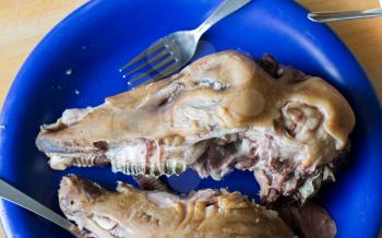Boiled sheep's head on a blue plate - Icelandic traditional food - Selective focus on teeth