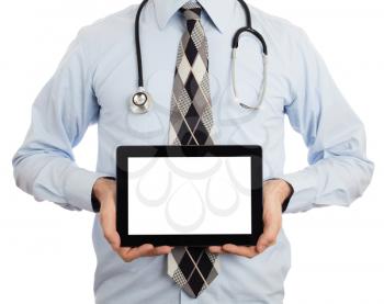 Doctor holding blank digital tablet with copy space and clipping path for the screen
