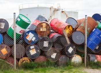 AKRANES, ICELAND - AUGUST 1, 2016: Oil barrels or chemical drums stacked up for cargo on August 1, 2016.