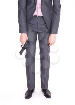 Demotivated man in suit with gun, handgun, isolated on white