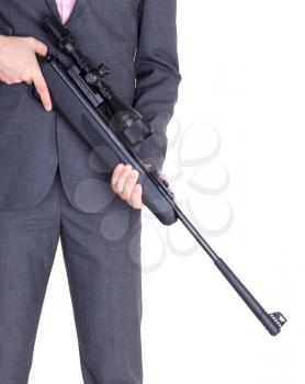Man in suit with gun, rifle, isolated on white