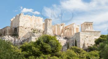 Ancient Parthenon surrounded by scaffolding on the Athenian Acropolis, Greece