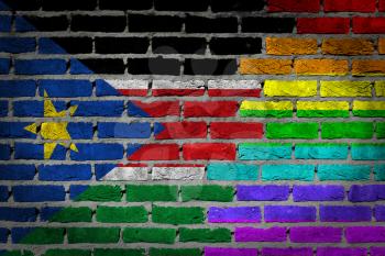 Very old dark red brick wall texture - Flag of South Sudan with rainbow flag