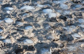 Frozen ground in a farm - Holes filled with frozen water