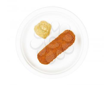 Brown crusty dutch kroket with mustard on a white plate isolated on a white background