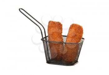 Dutch traditional snack kroket in a small basket, isolated