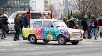 BERLIN - december 2019: Berlin trabi world museum close to Checkpoint Charlie. Iconic, East German car and at Trabi World you can drive a trabant along the wall sights.
