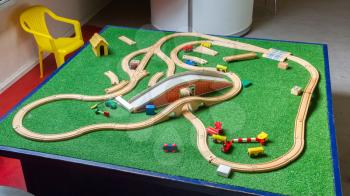 Childrens toy, wooden train track, junction, playtime
