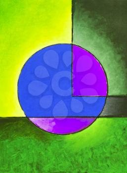 Painting of a blue and purple circle in a green background
