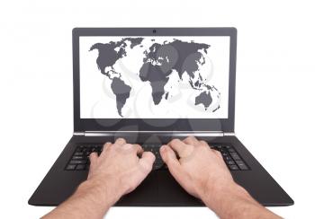 Man working on laptop, world map, isolated