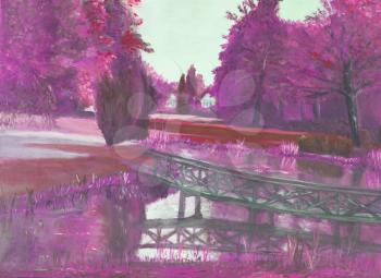 Oil Painting - autumn forest with a pond and bridge over the pond, pink