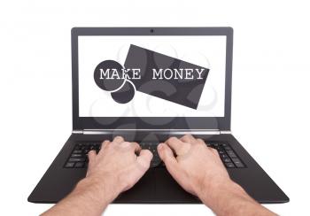Man working on laptop, make money, isolated