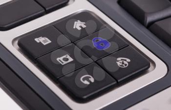 Buttons on a keyboard, selective focus on the middle right button - Lock