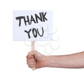 Hand holding sign, isolated on white - Thank you