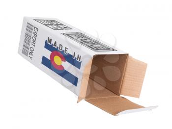 Concept of export, opened paper box - Product of Colorado