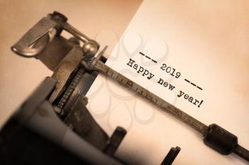Vintage inscription made by old typewriter, 2019, happy new year