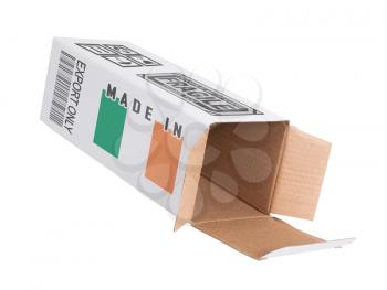Concept of export, opened paper box - Product of Ireland