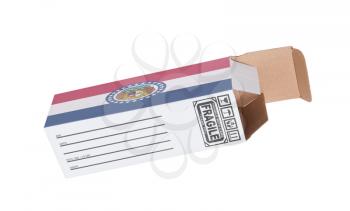 Concept of export, opened paper box - Product of Missouri