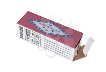 Concept of export, opened paper box - Product of Arkansas