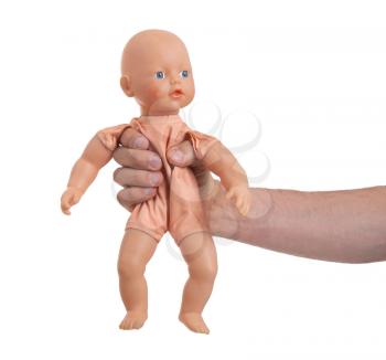 Adult with baby toy (no trademark), isolated on white