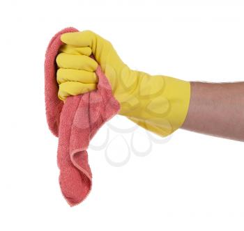 Hand wearing rubber glove and hold rag(mop), isolated on white