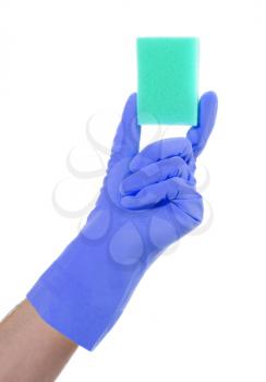 Mans hand in rubber glove with sponge isolated on white background