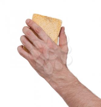 Yellow Sponge with white background, hand of an adult man